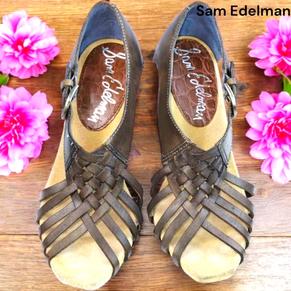 Sam Edelman Womens 6.5 Wedge Heels Strappy Dark Gray Leather